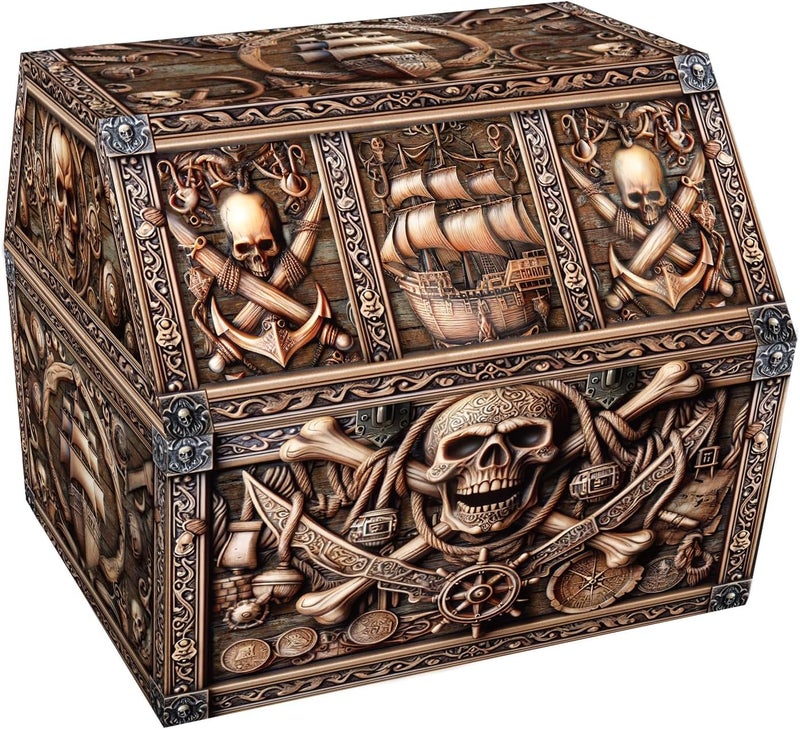 PETCEE Pirate Treasure Chest & Skull Box - Large 9"x 9.3"x 8" Cardboard Classroom Storage for Kids Prizes Reusable Treasure Chest for Classroom Rewards Pirate Party Decor Toys Keepsake Organizer - Image 1